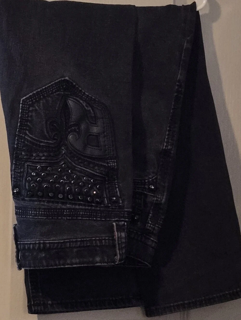 Affliction Men's Black Bootcut Jeans with Studded Fleur-de-Lis Pocket